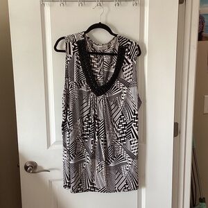 Black & White Geometric Sleeveless Top with Beaded Neckline